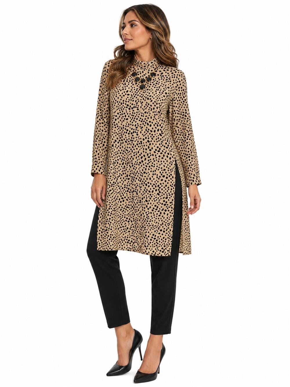 Dan270 Unbranded Beige Black Animal Print Tunic Top Side Slits Mock Neck